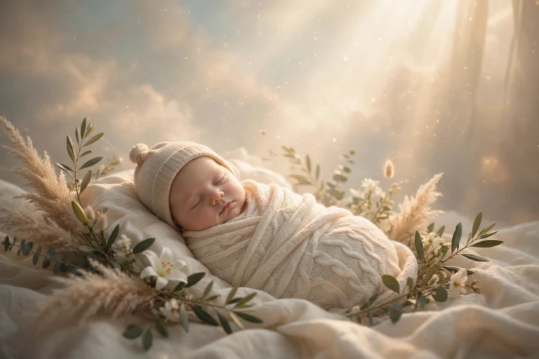 Names that mean miracle or blessing – soft heavenly light with baby theme, spiritual blessing inspiration
